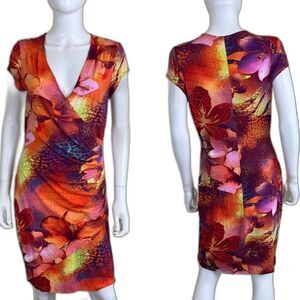 Vintage Cache Women's Size L Floral Tropical Faux Wrap Mini Dress Hawaiian USA